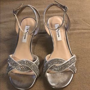 Silver rhinestone Nina wedges, size 7